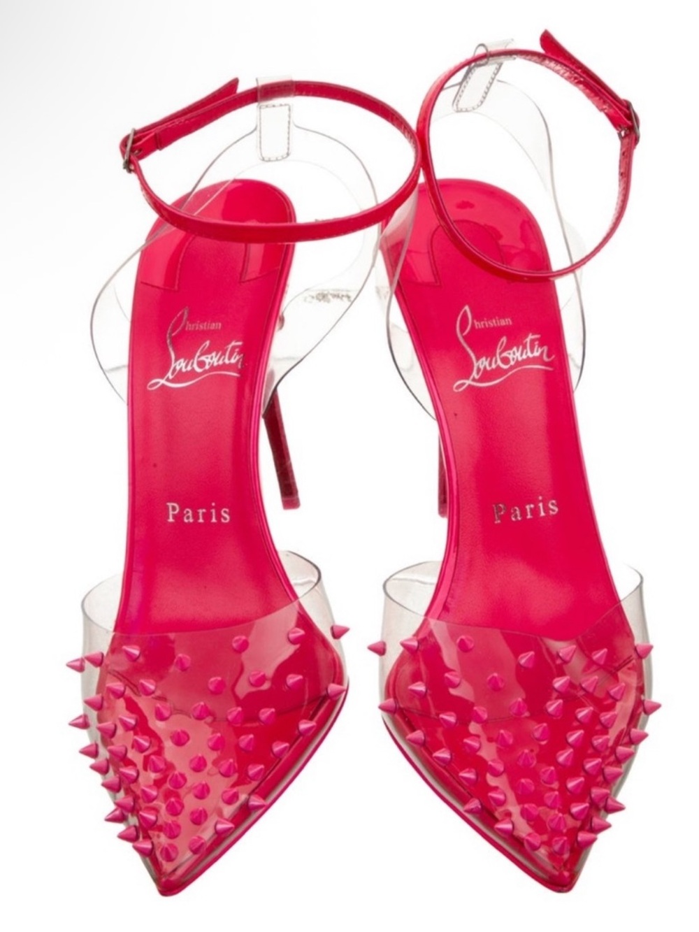 Christian Louboutin Hot Pink Spikoo 100 PVC Pointed Toe Ankle-Strap Heels